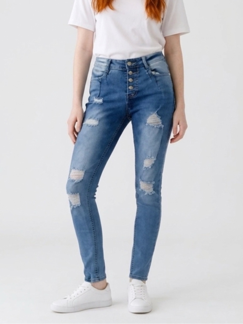 High-Rise Distressed Skinny Jeans - Blue